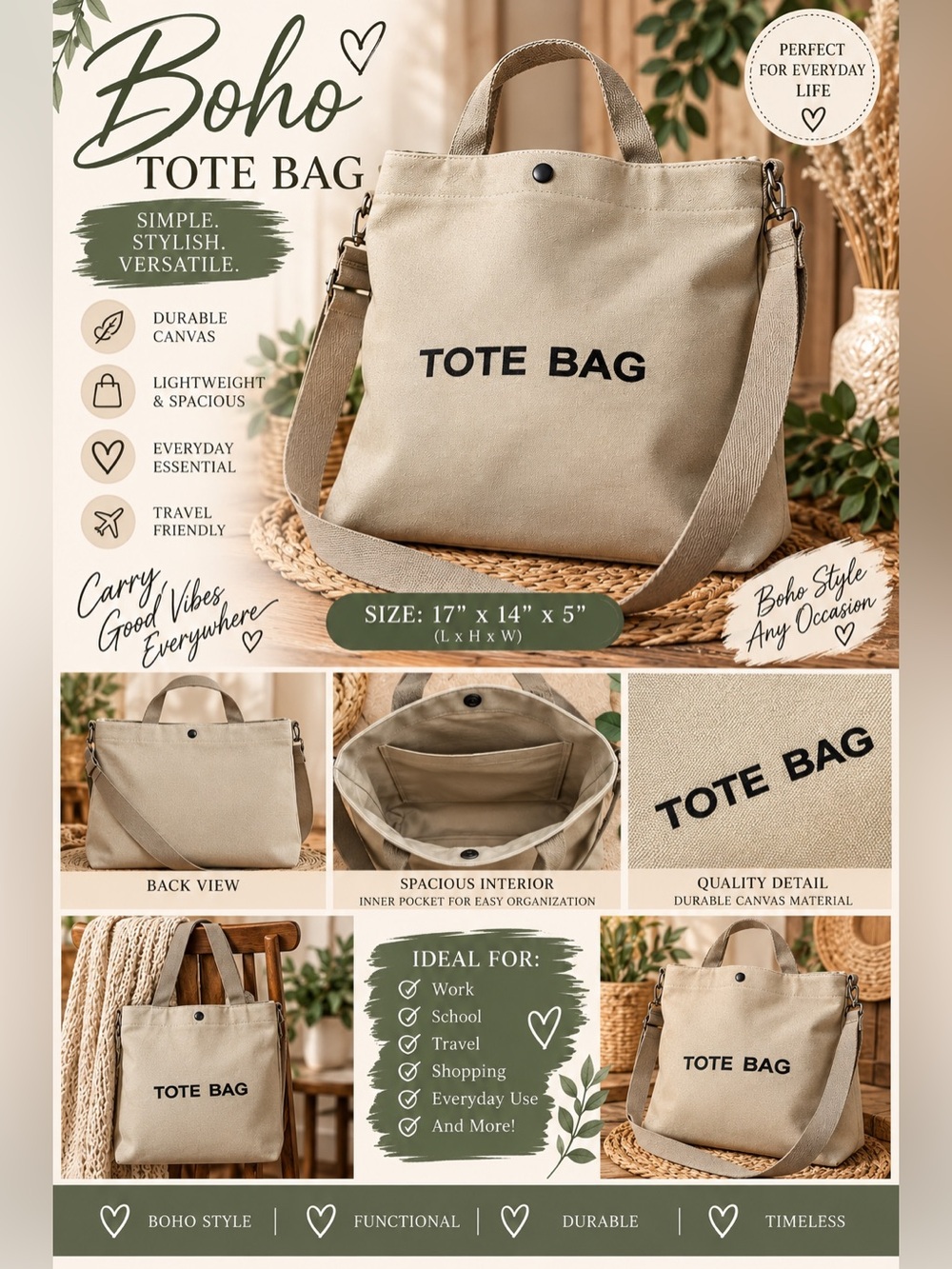 Beige Canvas Tote Bag with Removable Strap - TOTE BAG